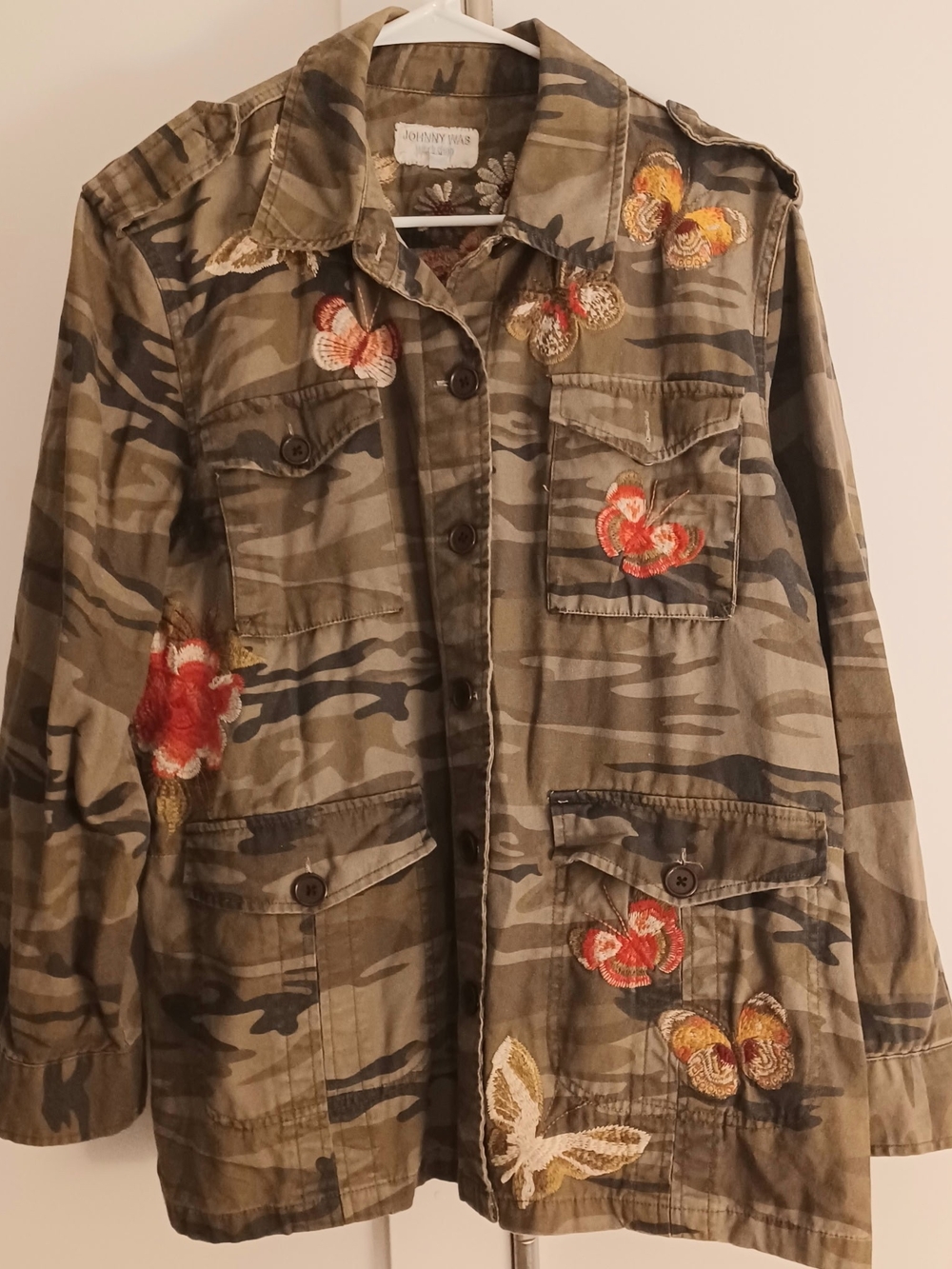 Johnny Was Camo Utility Jacket with Floral & Butterfly Embroidery - Olive